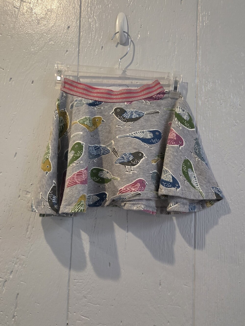 Mini Boden Grey Skirt with Multicolor Bird Print and Pink Stripe Waistband